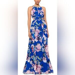 Xscape Chiffon Floral Print Cut-Out Maxi Gown NWT Size 8